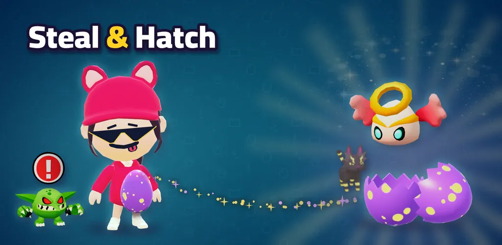 Steal & Hatch: a girl in a pink cat-ear cap holds a purple egg while a goblin spots her; a winged pet hatches from a cracked egg.